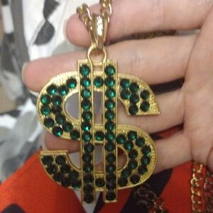 Gold and Green Dollar Symbol BLING Necklace